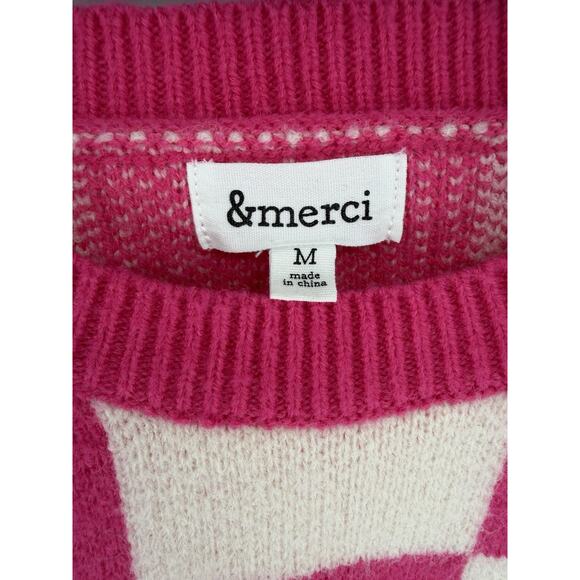 &merci Pink White Checkered Short Sleeve Sweater Womens Size Medium Crew Neck - Picture 3 of 6